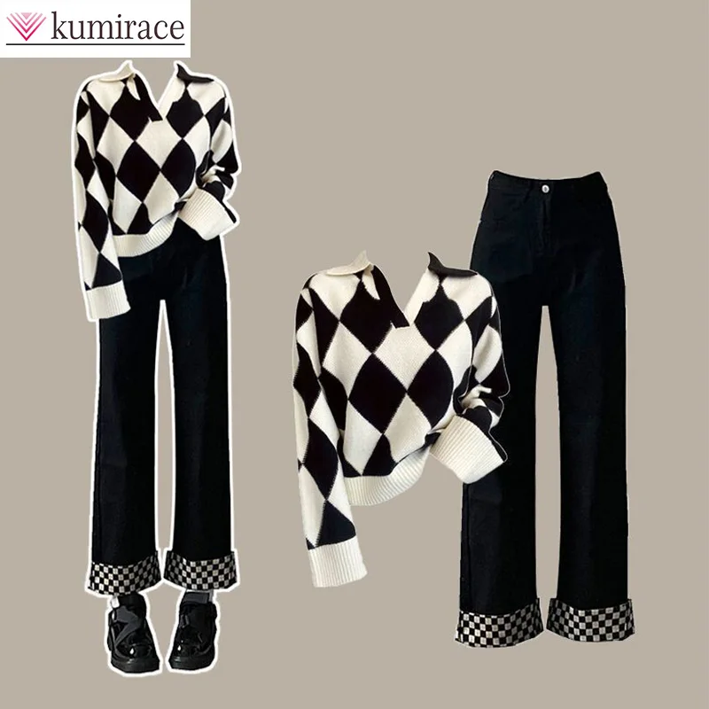 Autumn and Winter Set Women\'s 2023 New Korean Knitted Sweater Women\'s Loose and Slim Straight Leg Jeans Two Piece Set Pant Sets