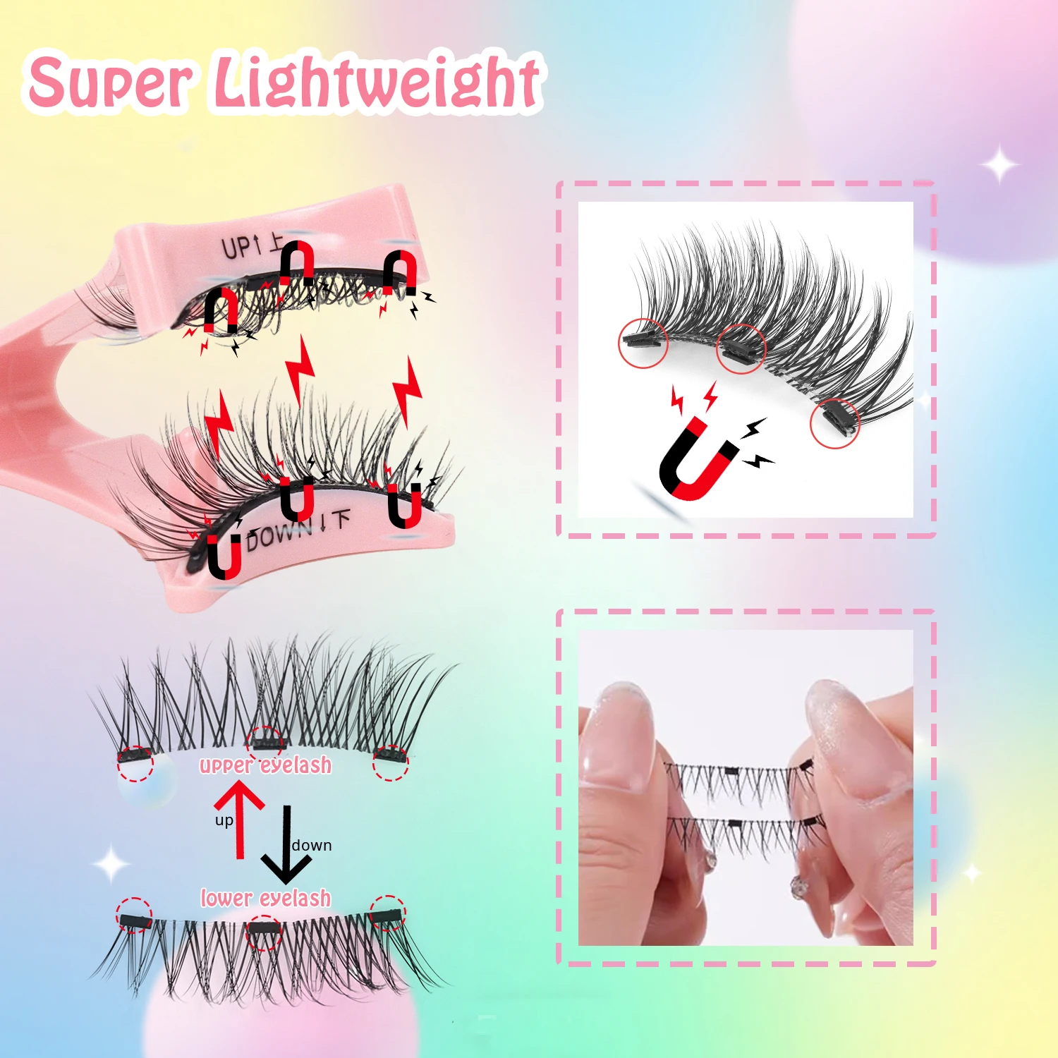 1 Pair of Cartoon Magnetic False Eyelashes, Comes with an Eyelash Curler Set, Natural-Looking Eyelashes, Reusable, Elongates the Outer Corners of the Eyes, Waterproof, Glue-Free Magnetic False Eyelashes, Easy to Carry