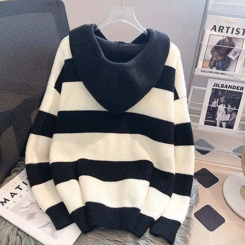 Women\'s Clothing Fashion Loose Striped Hooded Sweaters Autumn Winter Korean All-match Patchwork Long Sleeve Knitted Tops Female