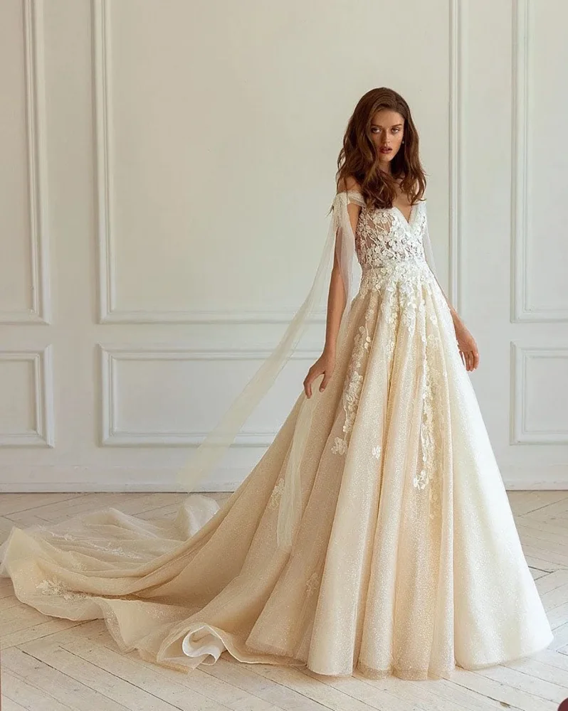 Wedding Dress Off Shoulder Tulle Ribbon Sleeve Deep V Back Lace Bridal Gown Sparkly A Line Wedding Gown CustomWith Long Train
