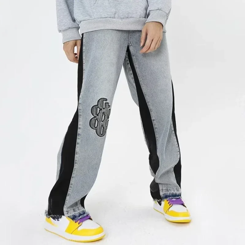 

Four Seasons Men's Casual Loose Wide Leg Grey Jeans Pants Embroideried Trendy Straight Denim Trousers Male Men's Streetwear