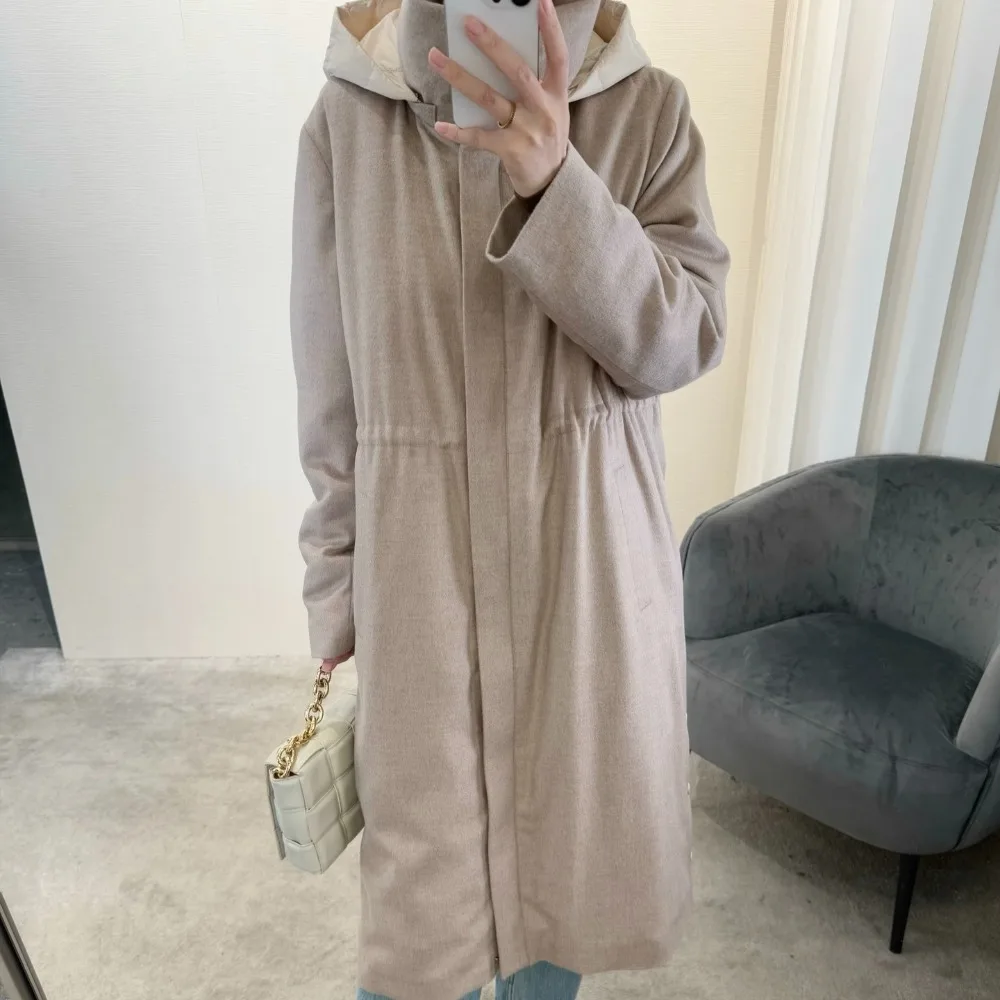 2026 Winter Women Goose Down Filled Hooded Long Coat Grey Beige Stand Collar Inner Drawstring  Side Slit Warm and Cozy Outerwear
