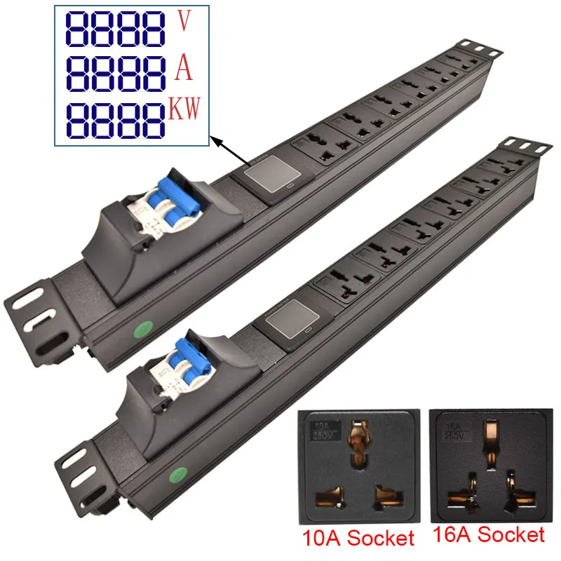 19 inch 16A Industrial PDU Power Strip with Double Open Air Breaker Current Voltage Digital Display Meter Aluminium Alloy Socket