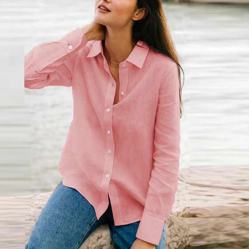 Elegant Women Long Sleeve Button Up Shirt Blouses White Solid Color Loose Casual Blouses For Women Fashion Tops 2024