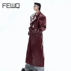 FEWQ Niche Padded Shoulder Coat PU Leather Design Knee Length 2024 Solid Color Long Sleeve Doublebreast Male Trench 24E2742