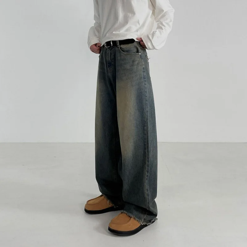 Men's 2024 Spring Loose Water Washed Cowboy Retro Floor Pants Korean Style Trendy Versatile Trendy Straight Long Pants New