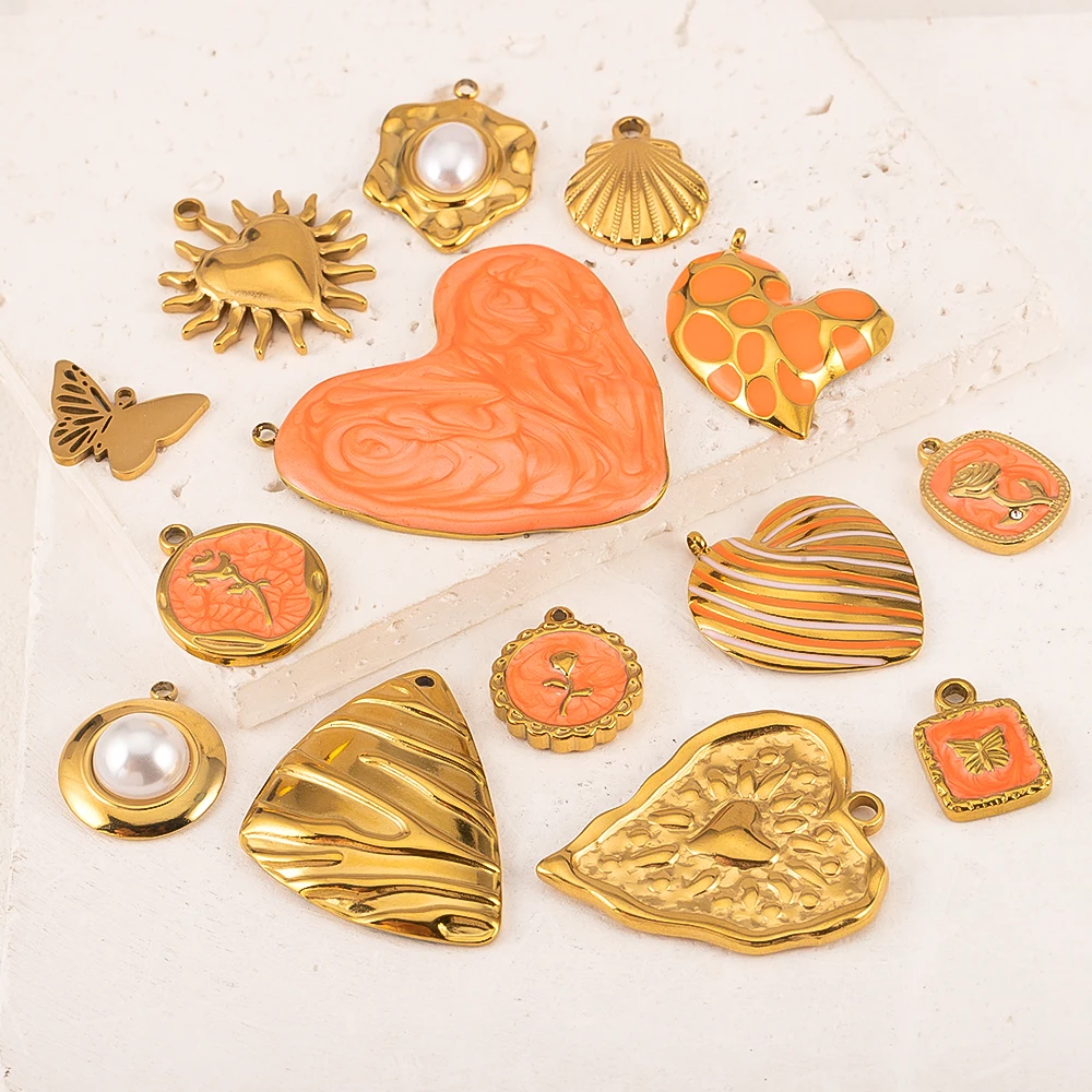 

2pcs Stainless Steel Orange Enamel Retro Anklet Charm Bohemia Gold Plated Pendant Base for DIY Earring Necklace Jewelry Findings