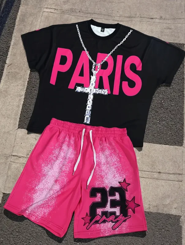 

25/26 New Summer Set Men's T-shirt Trendy American Street Printed Round Neck Men's Set Trendy Handsome Sports Two Piece Set