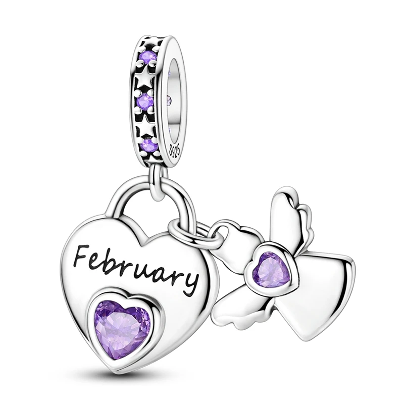 925 Sterling Silver February Birthstone Heart Lock Dangle Charm Amethyst Purple CZ Heart Angel Pendant Fit Bracelet Jewelry Gift