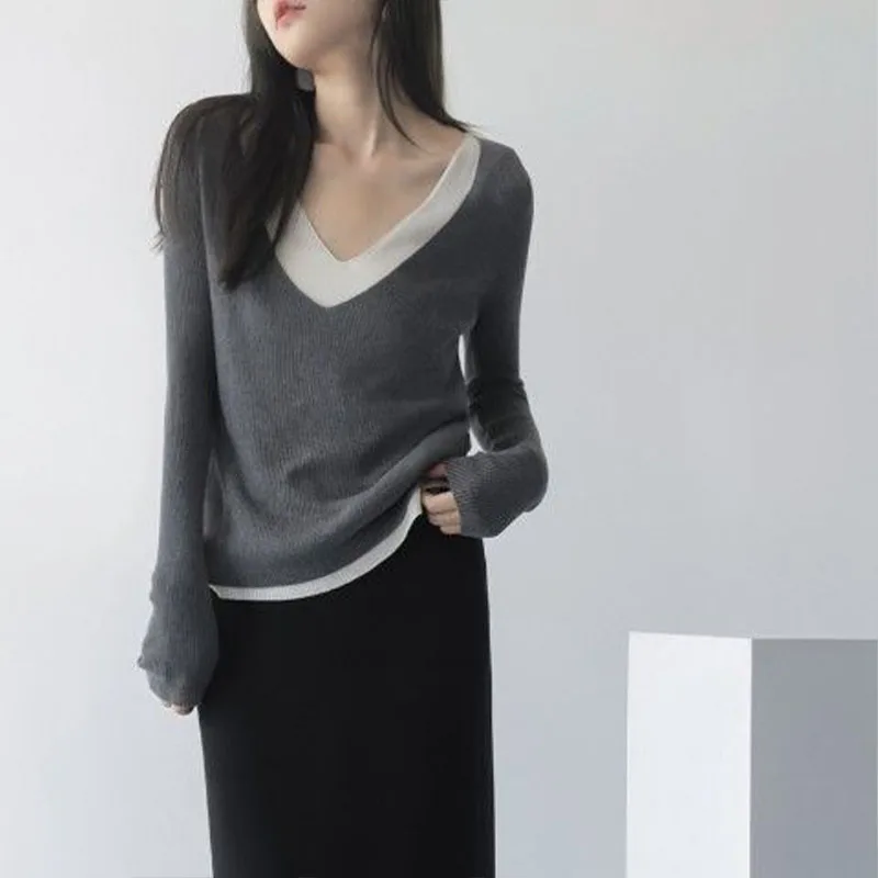 Women Clothing Elegant V-neck Pullover Autumn Winter Simplicity Cozy Sweater Lady Color Collision Chic Fake Two Pieces Knitted