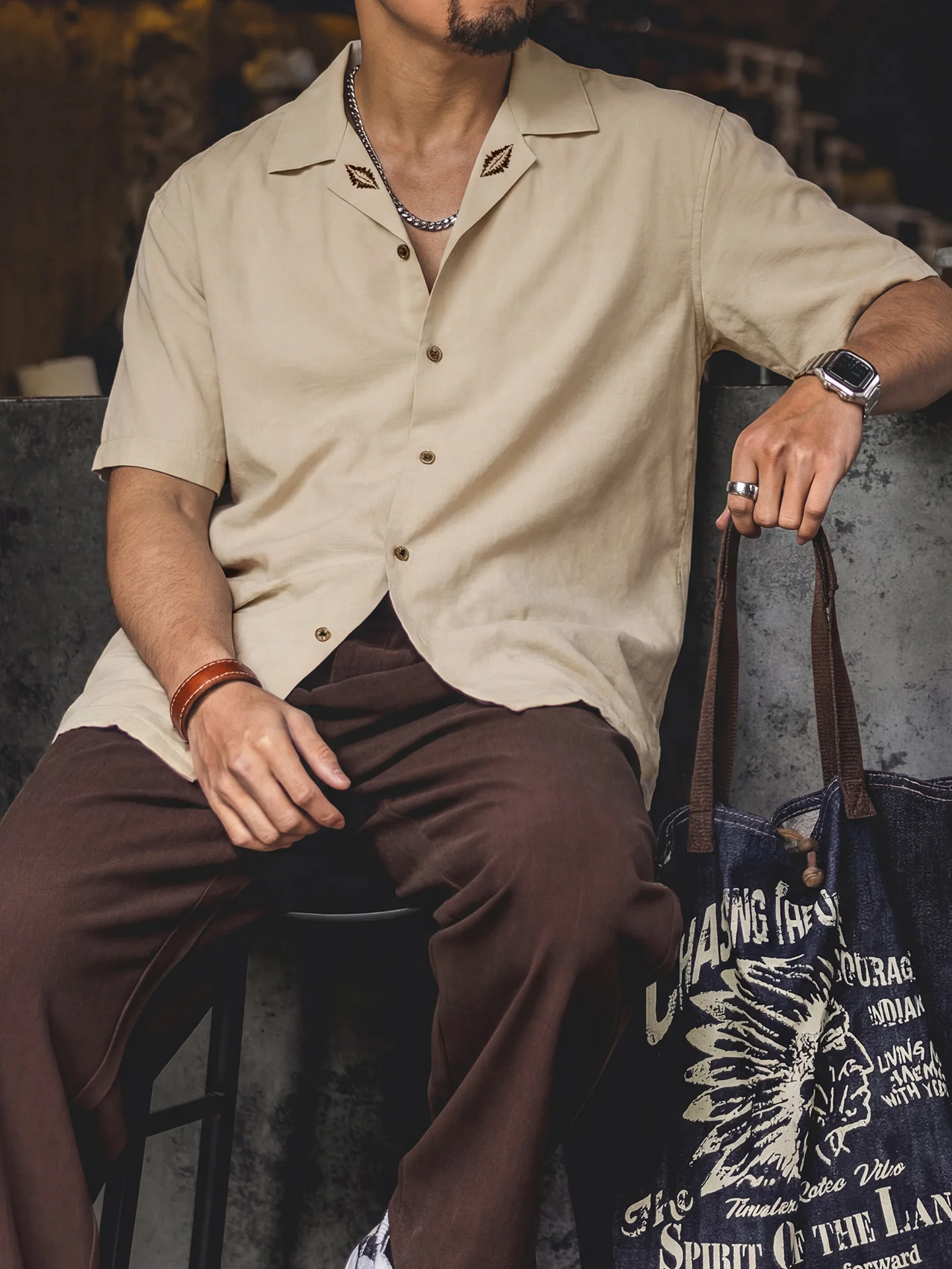 

Мужская летняя рубашка в американском ретро-стиле с кубинским воротником, коротким рукавом, вышивкой, дышащая, из ткани Lenzing, с открытым кардиганом, дизайнерская модель