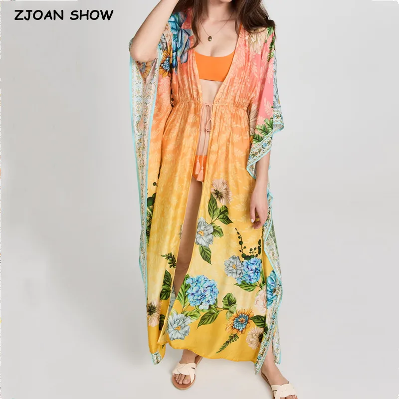 

BOHO 2023 Yellow Flower Leaves Print Long Kimono Robe Shirt Ethnic Lacing up Bow Tassel Belt Cardigan Loose Blouse Beach Cape