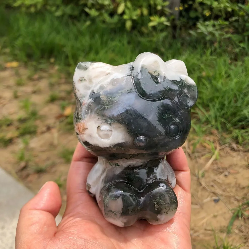Crystal Quartz Sanrio Hello Kitty Moss Agate Carving Polished Healing Figurine Home Decor Cartoon Cat Craft Gift