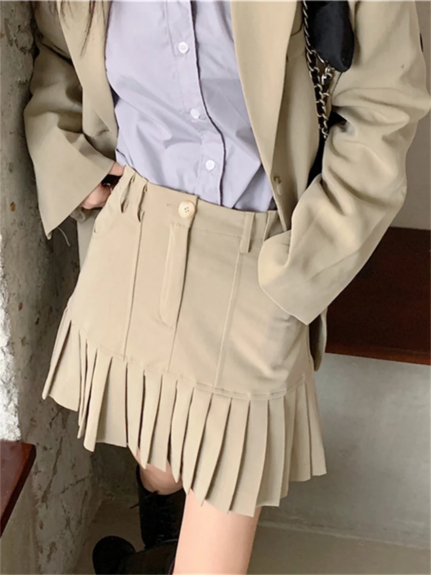 

Alien Kitty Khaki Women Mini Skirts Pleated Chic Slim New Minimalist Preppy Style Sexy 2023 Early Autumn Solid High Waist