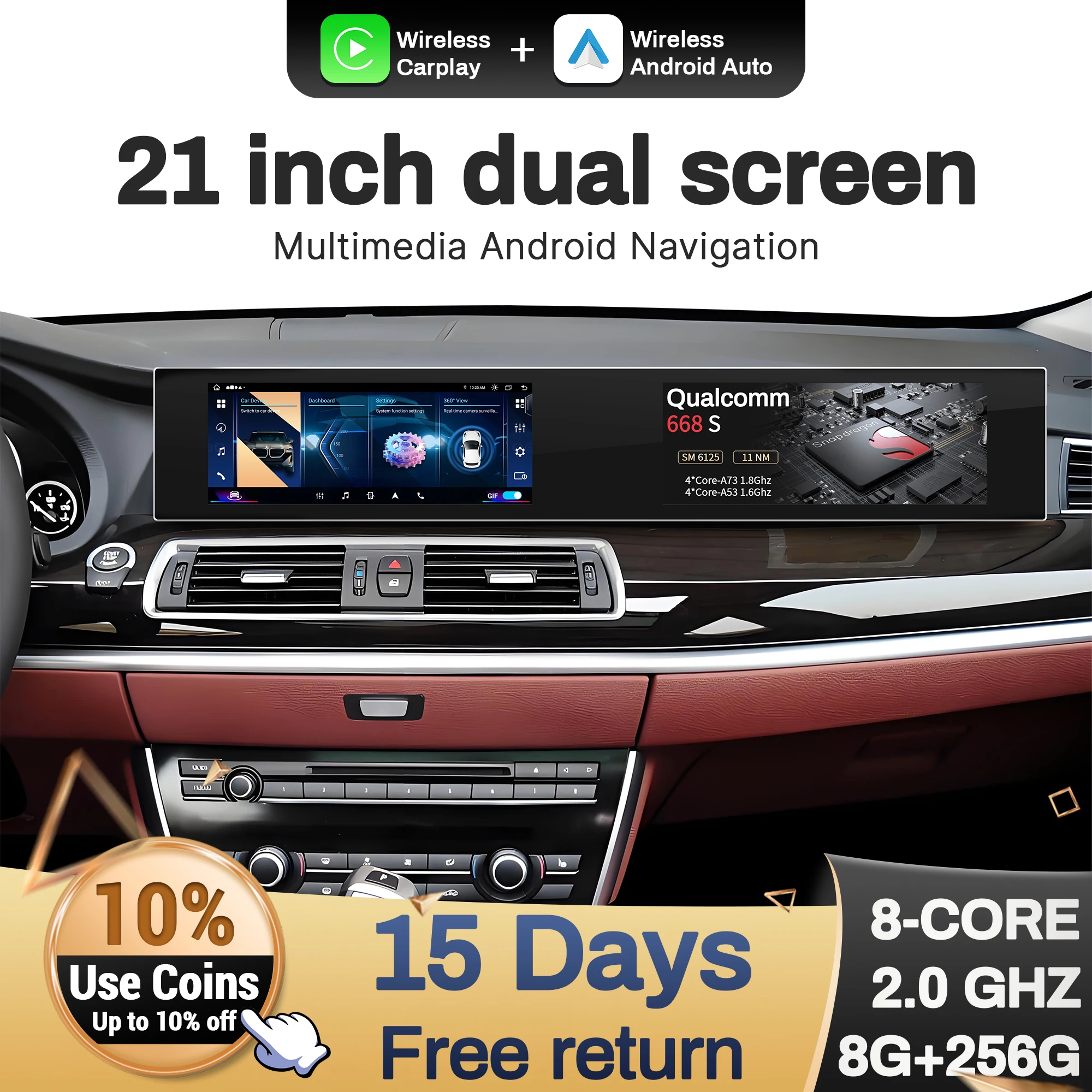 

21 inch For BMW 5 Series F10 F11 X5 X6 2011-2017 Android Radio Wireless Apple Bluetooth Carplay Multimedia Touch Screen Stereo