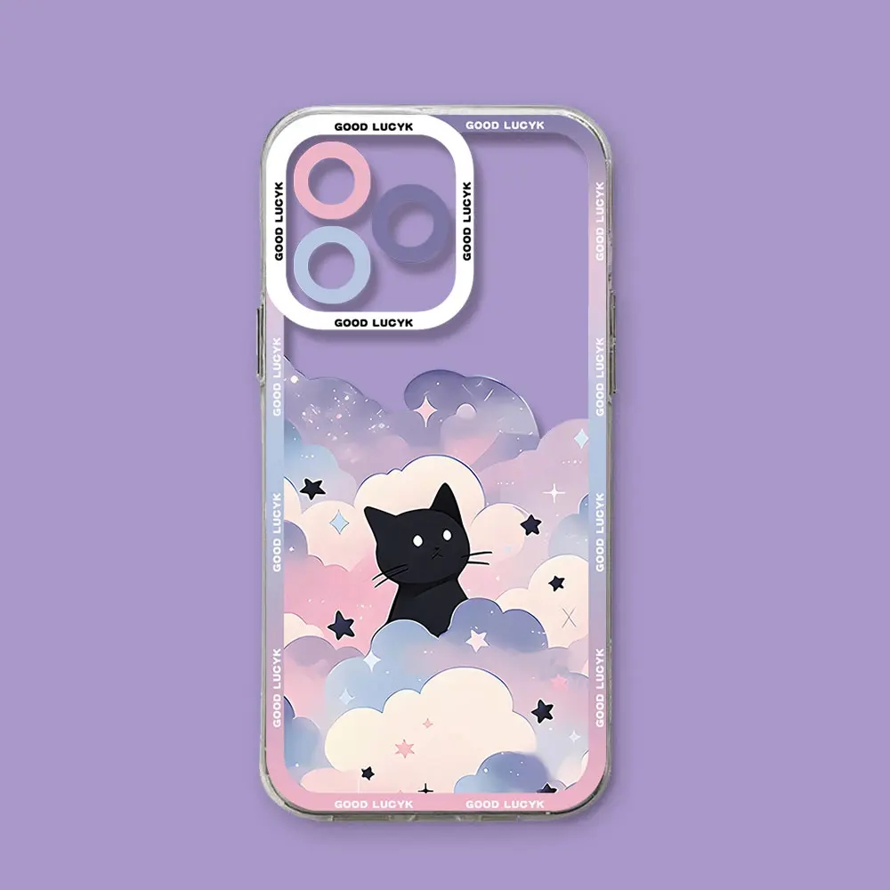 Cartoon Starry Sky Black Cat Phone Case For OPPO Reno 12F 12 7 11 11F 10 2F 4 8 8T 8Z 7Z 7 6Z 6 5 F21 Pro Plus 4G 5G Clear Soft