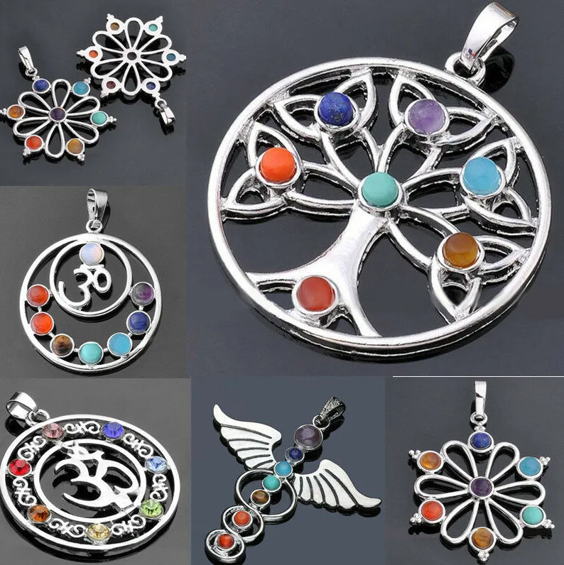Crystal Gemstone Pendant Colorful Seven Chakra Leather Rope Necklaces