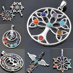 Crystal Gemstone Pendant Colorful Seven Chakra Leather Rope Necklaces