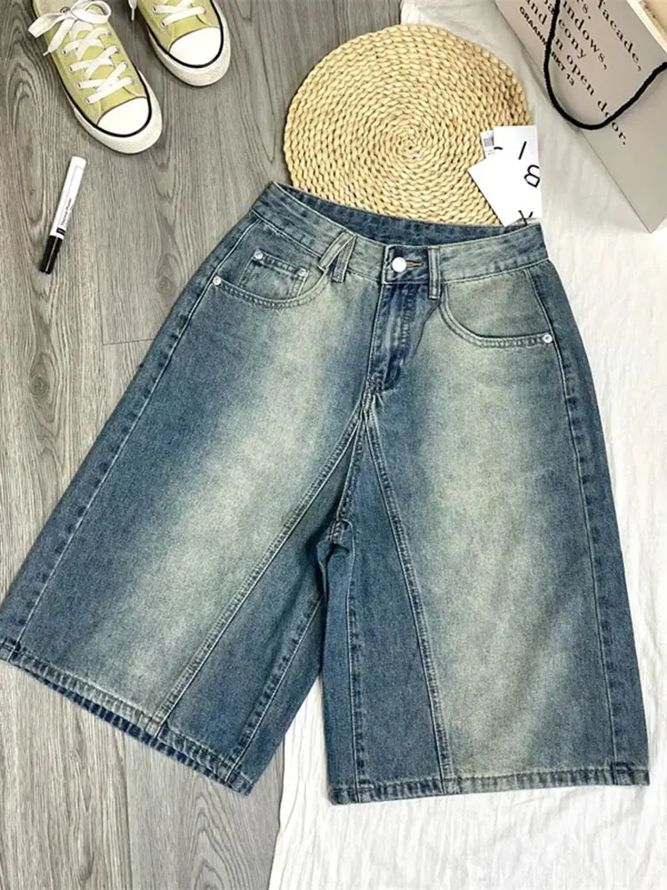 

High Waist A-Line Denim orts plus Size Women's Summer New Sle Pants Slimming Wide Leg Five-Point Jeans Korean Sle