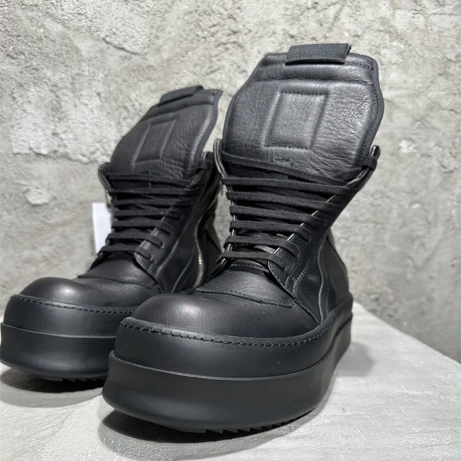 

European and American high street cowhide casual thick soled black warrior inverted triangle high top height increasing men's an