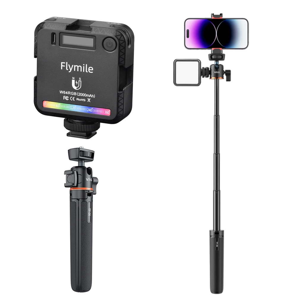 Selfie Stick 54CM Adjustable Retractable Tripod With Mini RGB Light Fill Dual Color For Gopro Action Cameras Smartphones Selfie