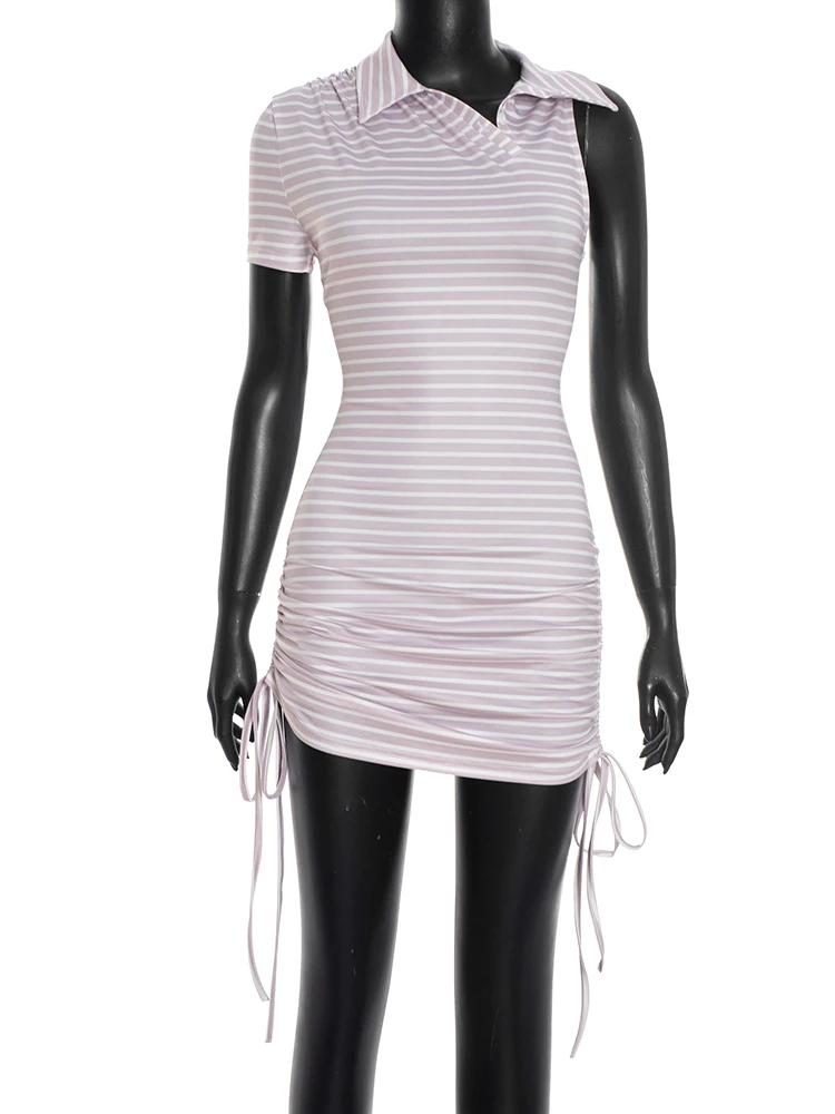Weird Puss Side Shirring Dress Women Stripe Print Chic Irregular Sleeve Bandage Skinny 2026 Summer Stretch Skinny Mini Bodycon