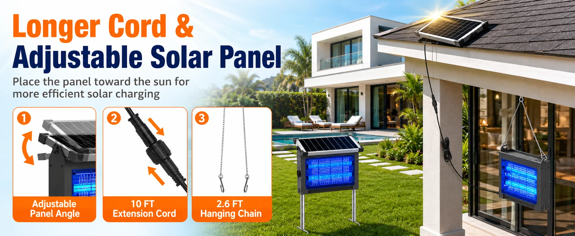 Solar Bug Zapper Outdoor, Cordless Rechargeable Mosquito Killer | IP66 Waterproof Fly Zapper, 4500V Grid, Auto/Manual Mode, Cordless with Projection Light, Cord & Chain for Patio Camping RV