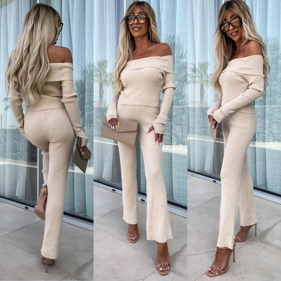 

Women's Clothing Set Spring Autumn Female Solid Color One-shoulder Knit Top + Slim-fit Pants Trousers Womens 2 Piece Outfit Set