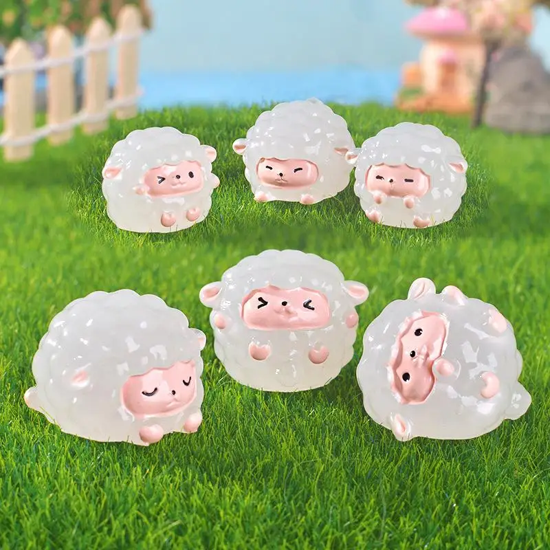 Cute Glow In Dark Mini Resin Sheep 6Pcs Luminous Micro Landscape Parts for Home Desktop Bonsai Decor