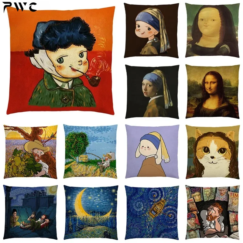 

VAN GOGH Mona Lisa Pillow Case Home Decor Vintage Cushion Cover for Sofa Car Linen Pillow Cover Home Decorative Drop Shipping