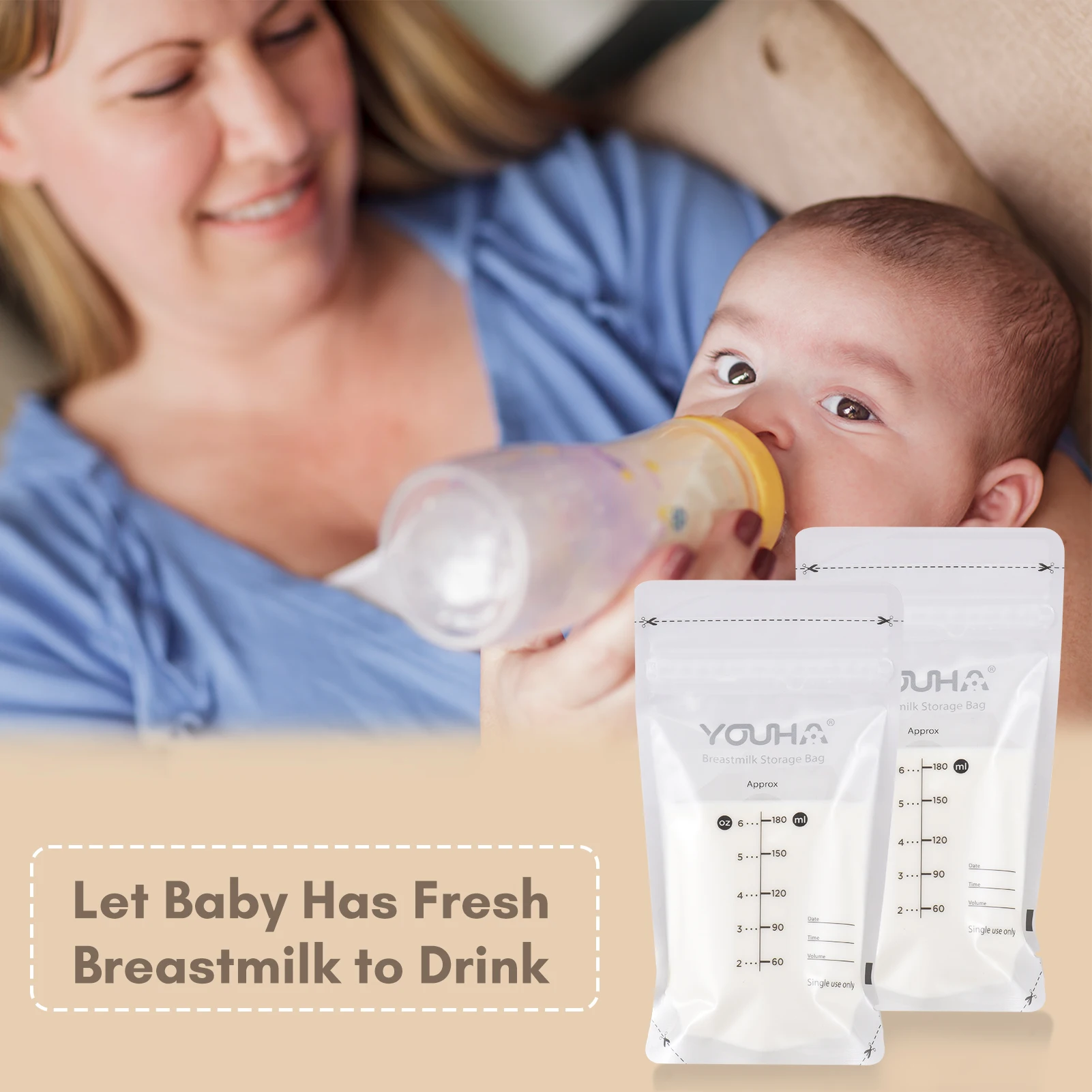 YOUHA Breastmilk Storage Bags Milk Storing Bags for Breastfeeding 180ml/6oz Capacity Pre-Sterilized BPA Free Double Zipper Seal