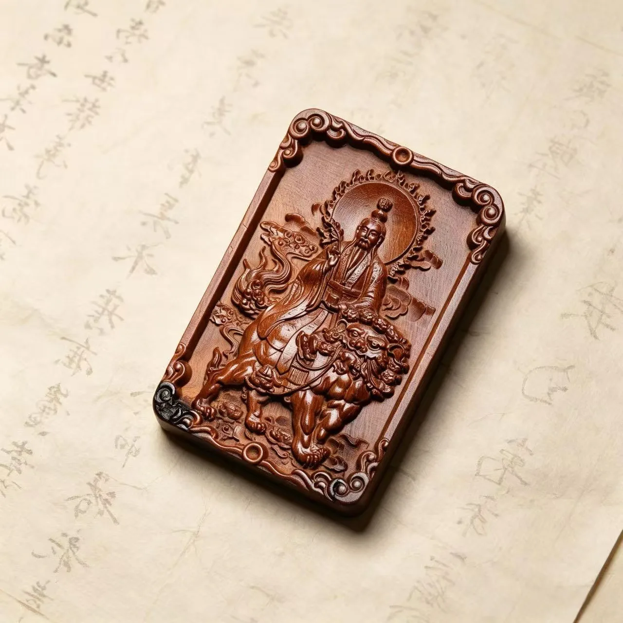 Hand Carved Thunder Struck Jujube Wood Wu Shi Plaque Taoist Deity Double Sided Feng Shui Luck Wealth Blessing Protection Pendant