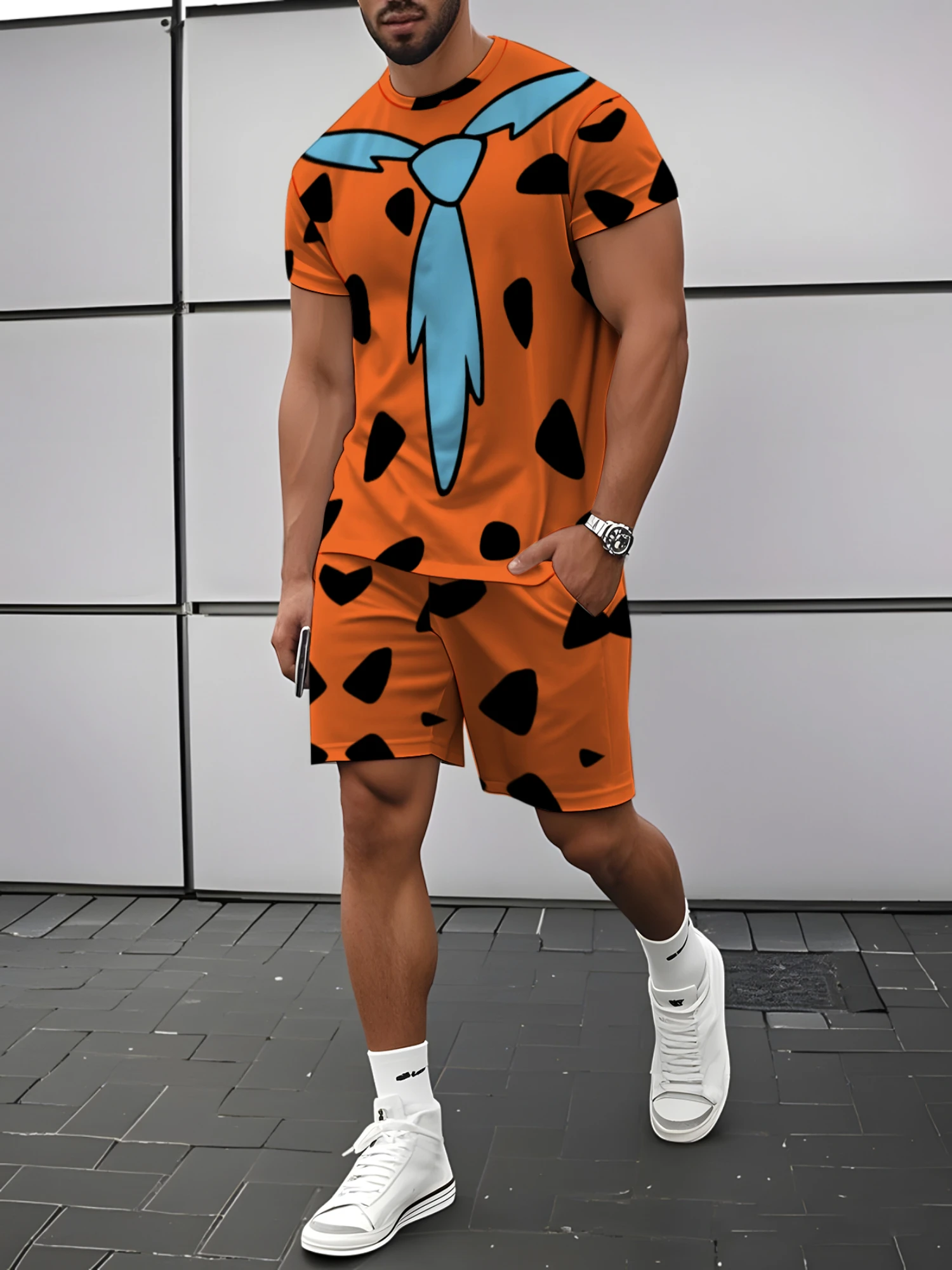 Cartoon-Höhlenmensch-Cosplay Bedrucktes Kurzarm-T-Shirt und Shorts-Set Unisex für Kinder und Erwachsene, Alltags-Freizeitanzug