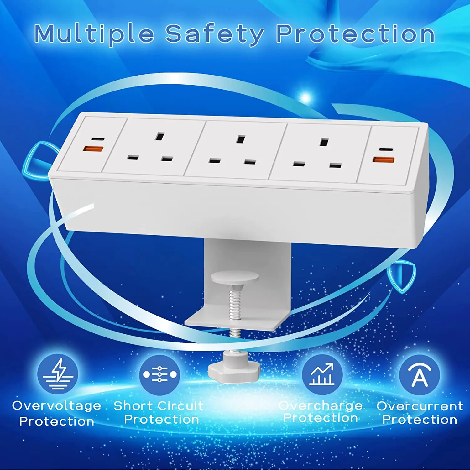 UK power outlet Standing desk power Strip clamp mounted socket with 4 USB port/UK Desktop Extension Lead for Home Office