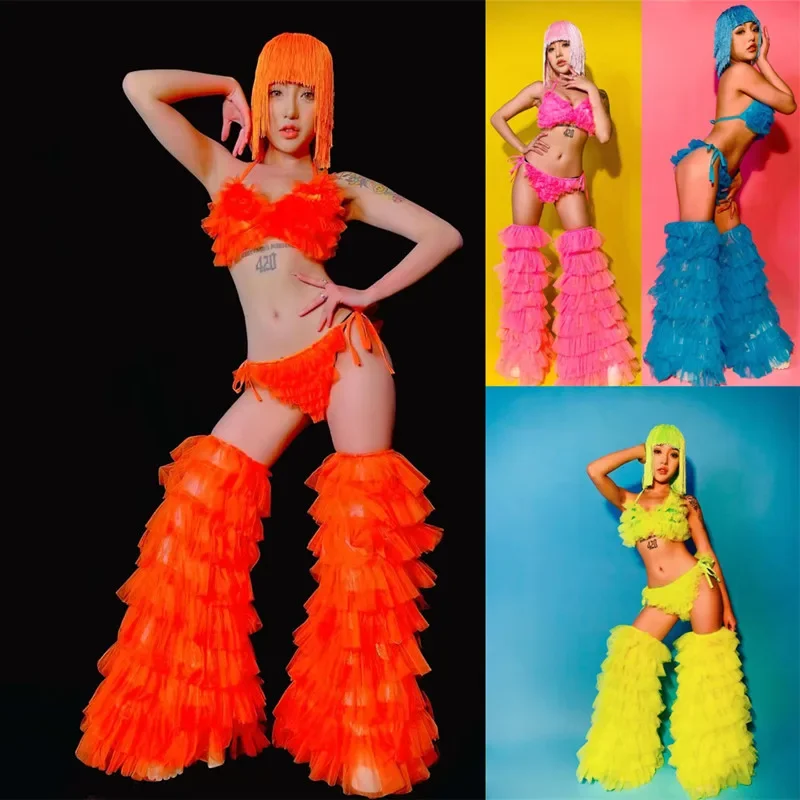 مثير ملهى ليلي Gogo مجموعة زي الفلورسنت البرتقالي بيكيني شعر مستعار رقيق غطاء الساق الهذيان وتتسابق DJ راقصة أداء المرحلة ارتداء