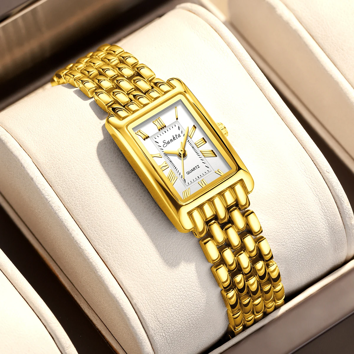 Sunkta Luxury Women's Watches Fashion Ladies Square Casual Golden Quartz Watch Solid Stainless Steel Rectangle Girls Wristwatch