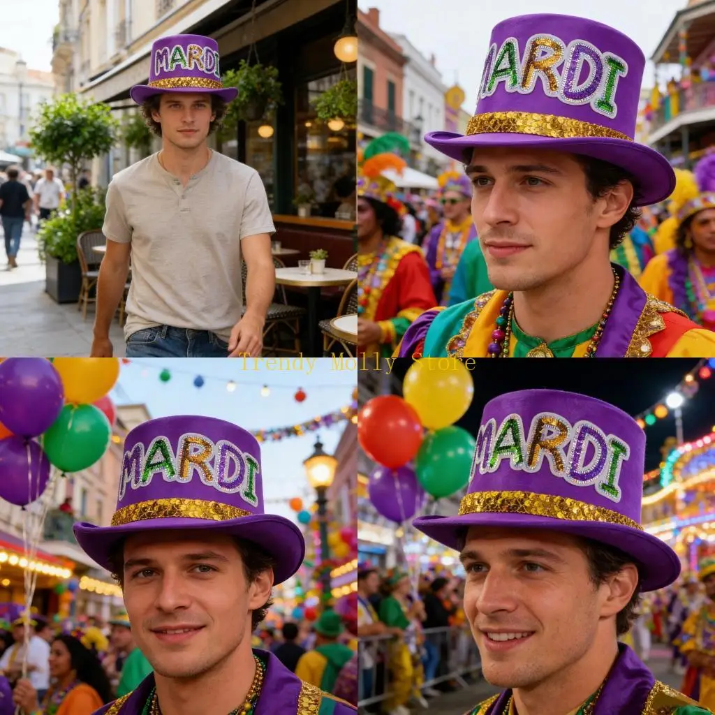 

N5KB Модный цилиндр MardiGras с блестящими пайетками и буквами Карнавальные вечерние головные уборы