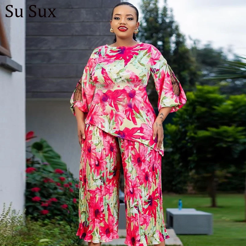 

Africa Clothing Flower Print 2 Piece Set African Clothes For Women Dashiki O Neck Lanter Sleeve Irregular Top and Pleated Pant