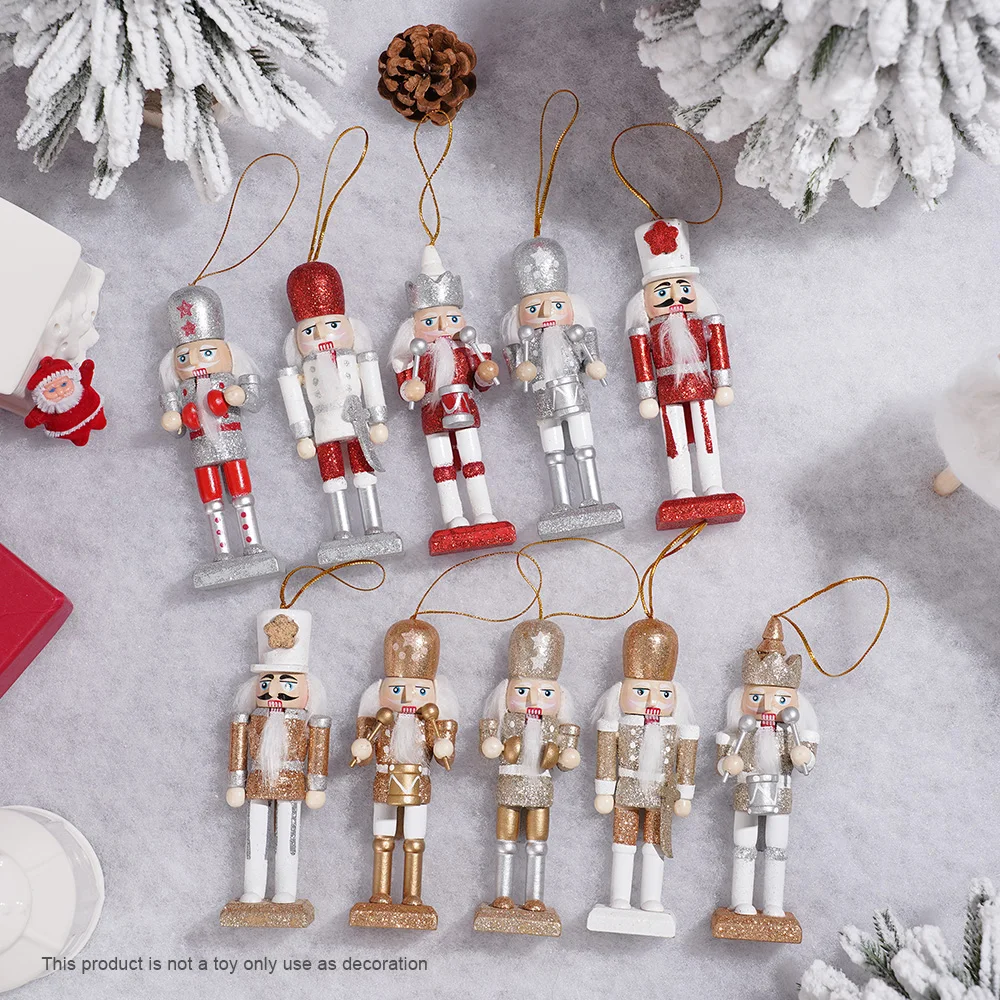 10Pcs/Set British Style Nutcracker Wooden Handmade Red Golden Nutcracker Soldier Pendant Doll Toy Ornament Christmas Gift