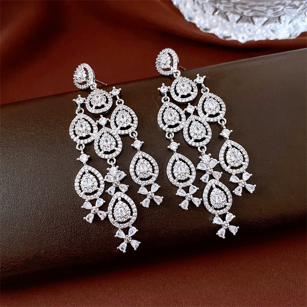 

Luxury Palace Style Zircon Water Drop Tassel Earrings Silver Pin Fashion Exquisite Dangle Earrings Women Jewelry Gift