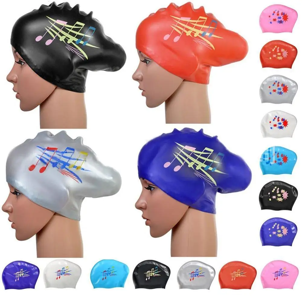 New Women Large Silicon Waterproof Adult Printed Swimming Caps Swim Pool Hat Long Hair Ear Protect Flexible Gorras Elastic 2021