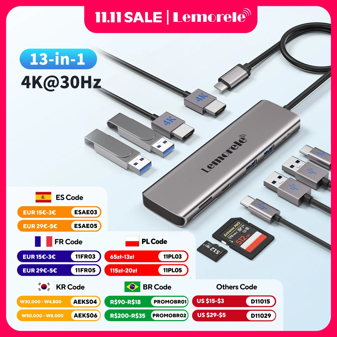 

Lemorele 10 Ports USB C HUB Type C Adapter Hub USB Dock Station 4K HDMI 30Hz PD100W Fast Charging SD/TF Card Reader