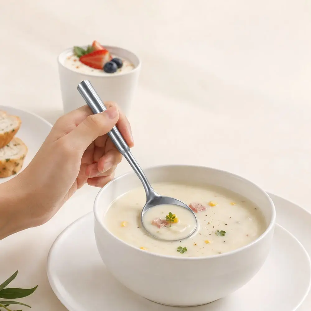 High Quality 304 Stainless Steel Soup Spoon Modern Round Scoop Hollow Handle Kitchenware For Dinner Parties And Home Usage