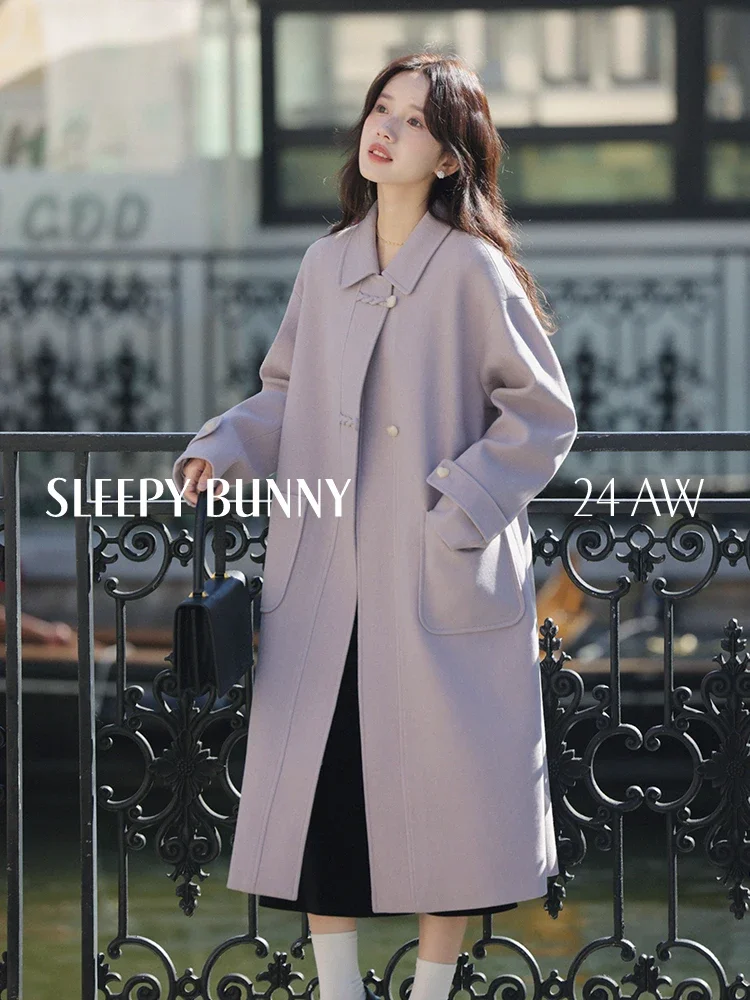 Sweet Style Heart Button Wool Coat Women Fall Winter Loose Fit Turn-Down Collar Elegant Casual High-End Long Overcoat 2025 New