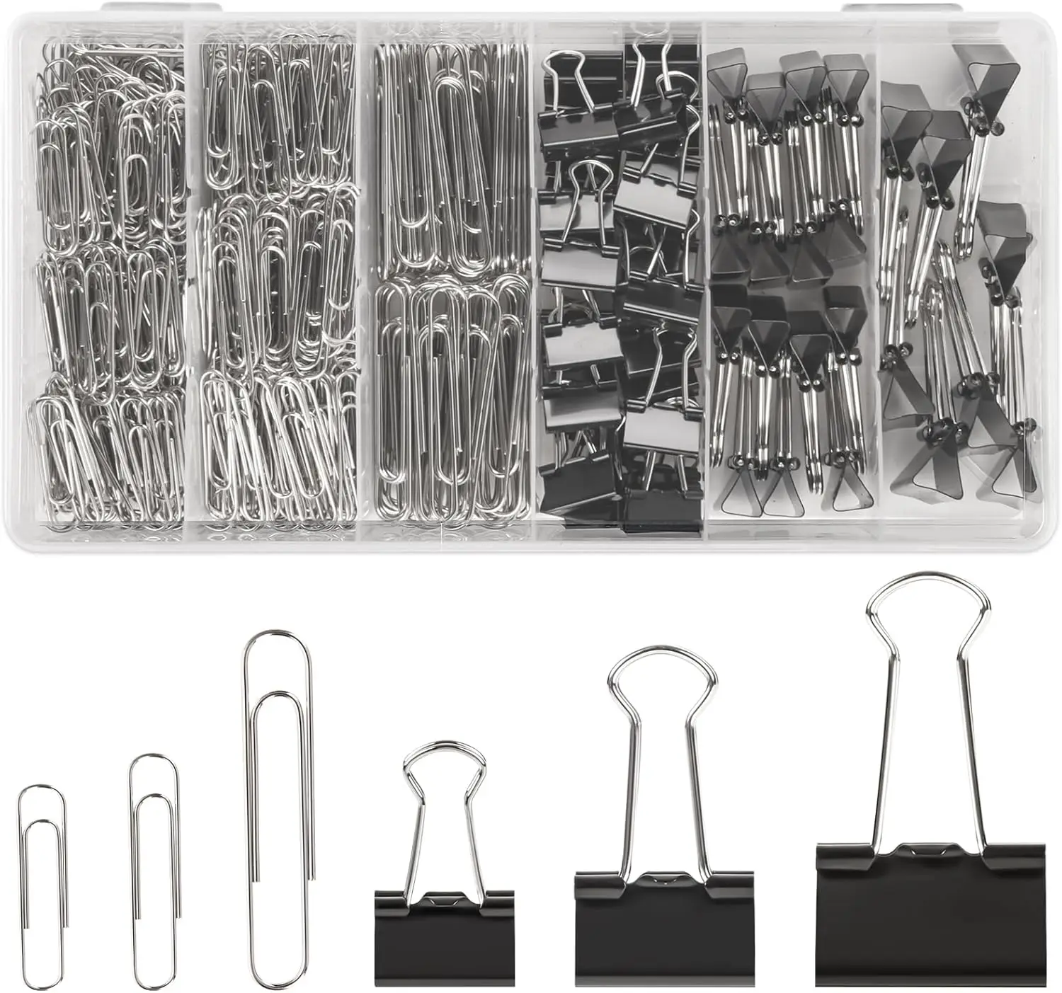 

500PCS Paper Clips & Binder Clips Assorted Sizes 3 Sizes in One Pack Silver & Black Office Supplies