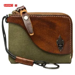 New Leather Wallet Men's Purse Canvas Stitching Vegetable Tanning Leather Coin Purse Retro Simple Zipper Small Card Holder Women