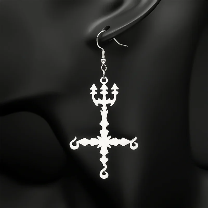 Heavy Metal 666 Music Band Drop Earrings Stainless Steel Black Color Sigil Church of Satan Fork Cross Dangle Earring Biżuteria