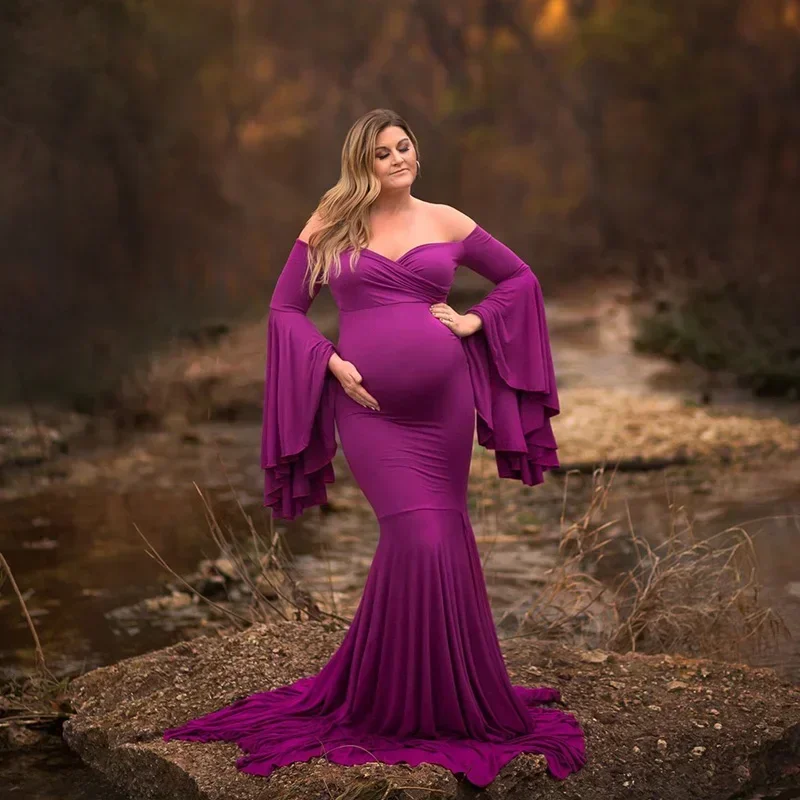 Maternity Photography Props Maternity Gown Photo Shoot Sexy Boho Shoulderless Bell Sleeves Maxi Long Dress Pregnancy Mermaid