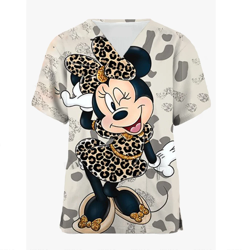 Tops Women Scrub Nurse Disney Mickey Mouse Cartoon V-Neck Tops Working T-Shirt Minnie Print Healthcare Tunic Carers Workwear Top