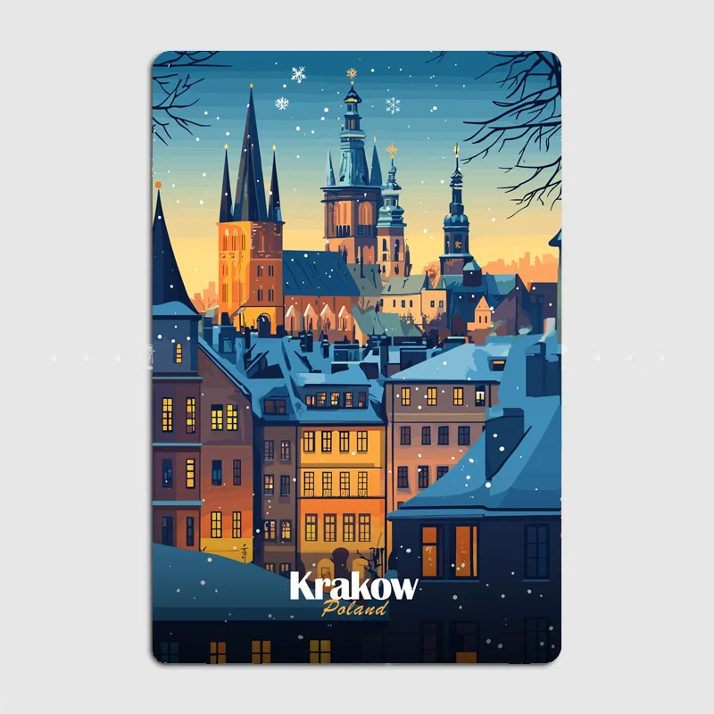 Snowy Krakow Cityscape Travel Scenic Spot Poster Metal Sign Garage Club Tin Custom Home Wall Decor Room Decor